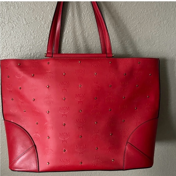 EUC MCM Studded Claudia Red Coated Canvas and Leather Tote - Picture 7 of 10